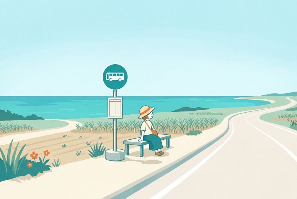 Illustration of a traveller waiting on a bench at a seaside bus stop