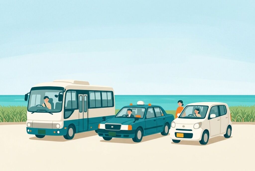 Illustration of a bus, a taxi and a rental car side by side