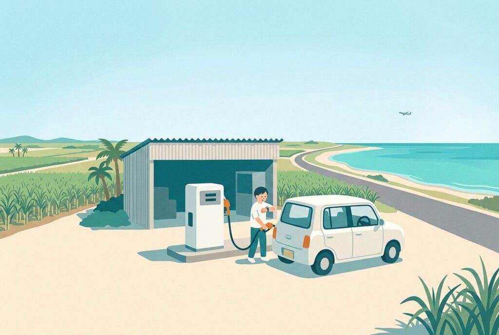 帰りの時間を気にしながら給油する旅行者のイラスト