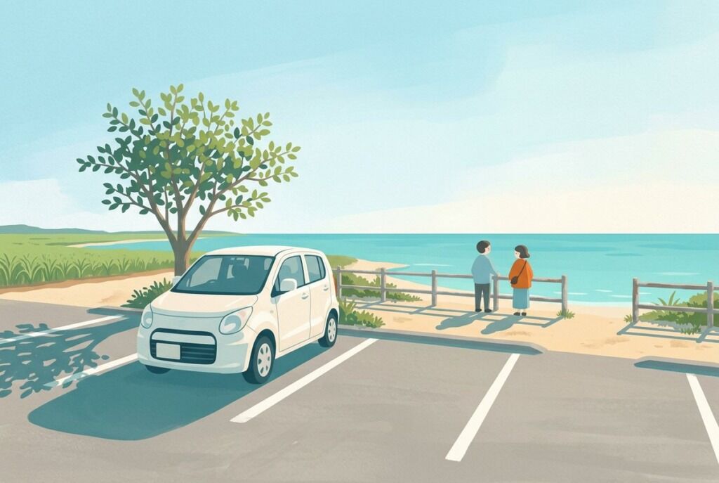 夕方、海辺の駐車場に車を停めて、ゆっくり景色を眺める人のイラスト