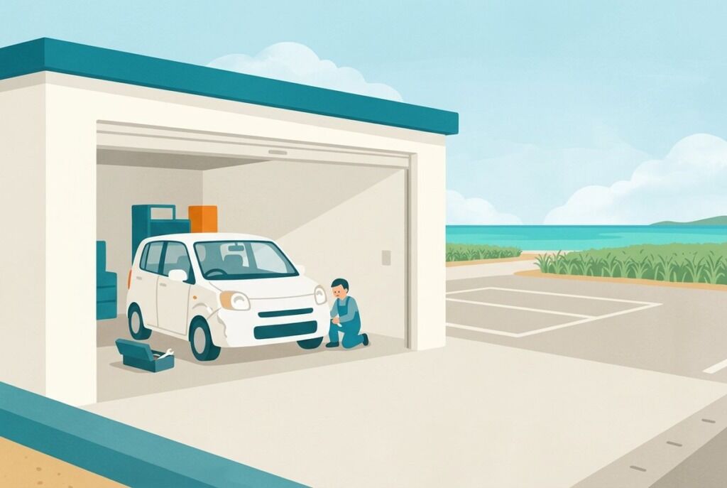 修理工場に入るレンタカーのイラスト。修理している間、店はその車を貸し出せない